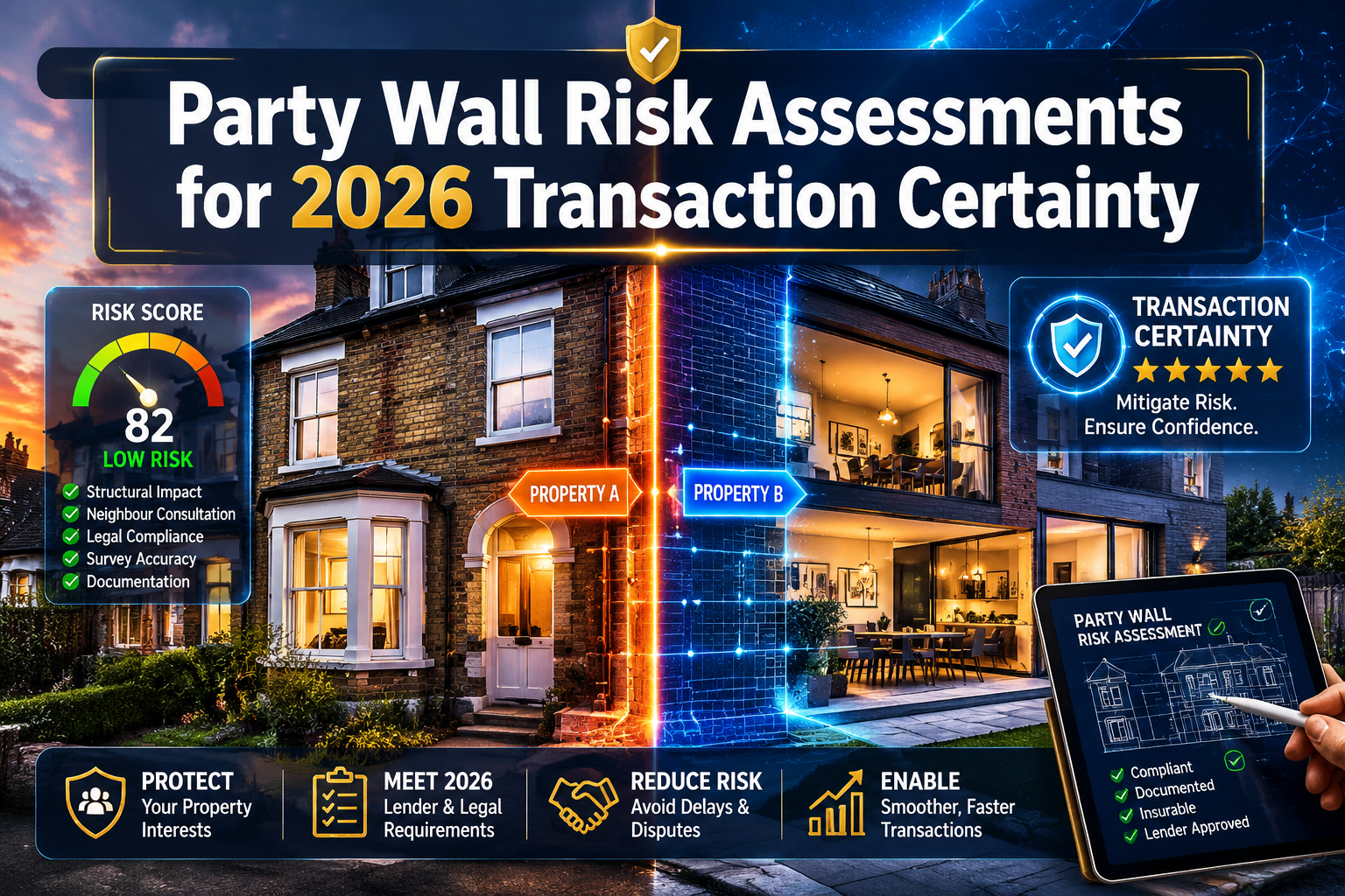Professional () hero image with : 'Party Wall Risk Assessments for 2026 Transaction Certainty' in extra large white with