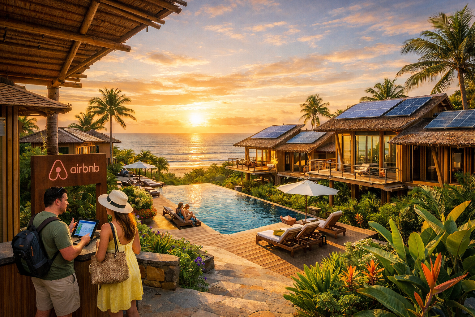 Wide-angle editorial photograph of a sleek Airbnb-optimized resort development on Brazil's northeastern coast at sunrise,