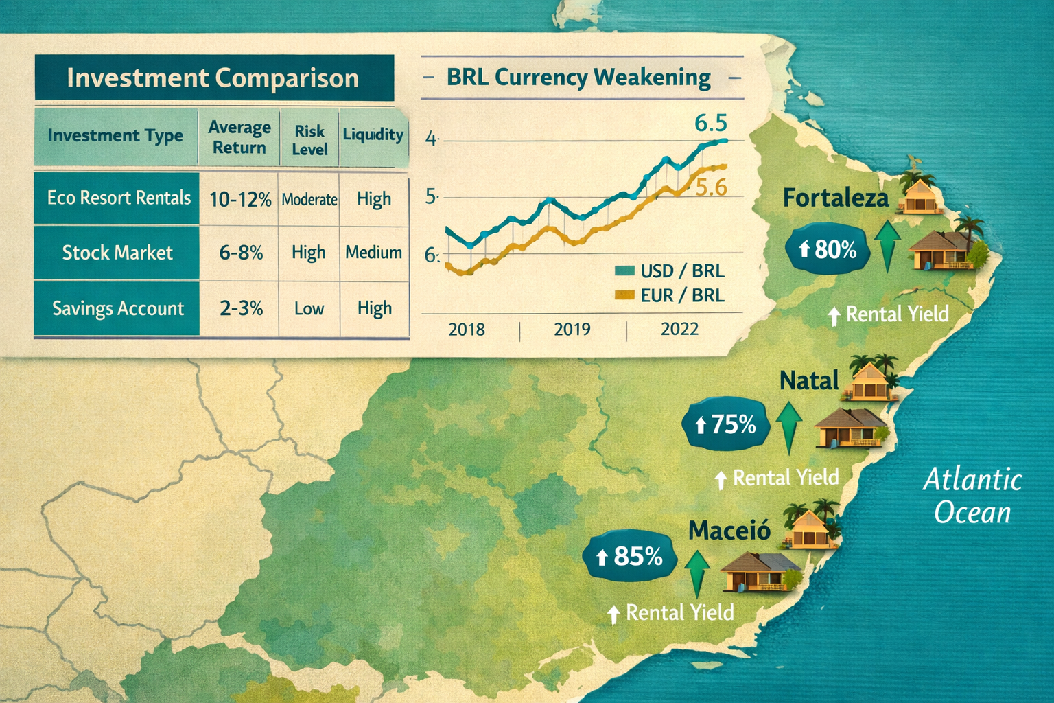 Flat-lay infographic-style editorial image showing a comparative investment data table with Brazilian Real (BRL) currency