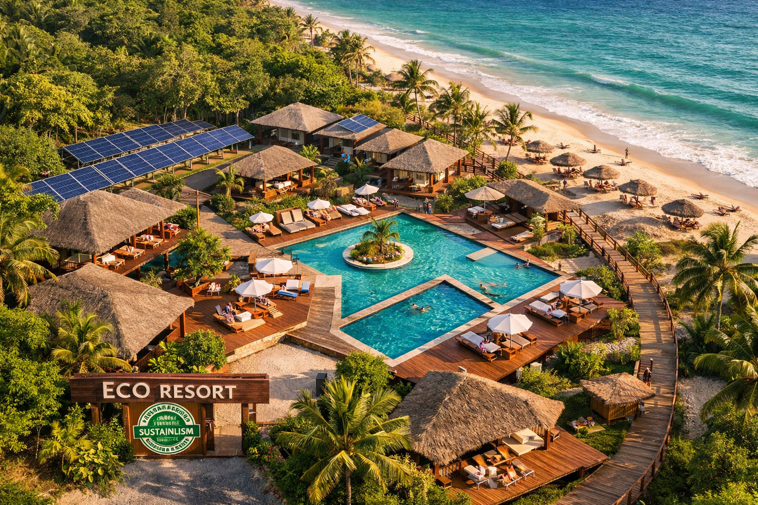 Drone bird's-eye-view photograph of a completed Airbnb-optimized eco-resort development on a Brazilian northeastern beach,