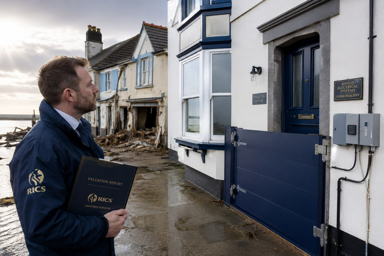 Wide-angle editorial photograph of a RICS-certified chartered surveyor in professional attire standing outside a coastal UK