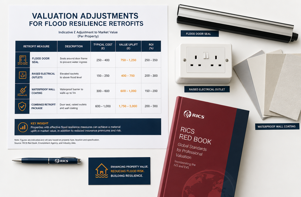 Flat-lay infographic style image showing a professional valuation adjustment table on paper beside flood resilience retrofit