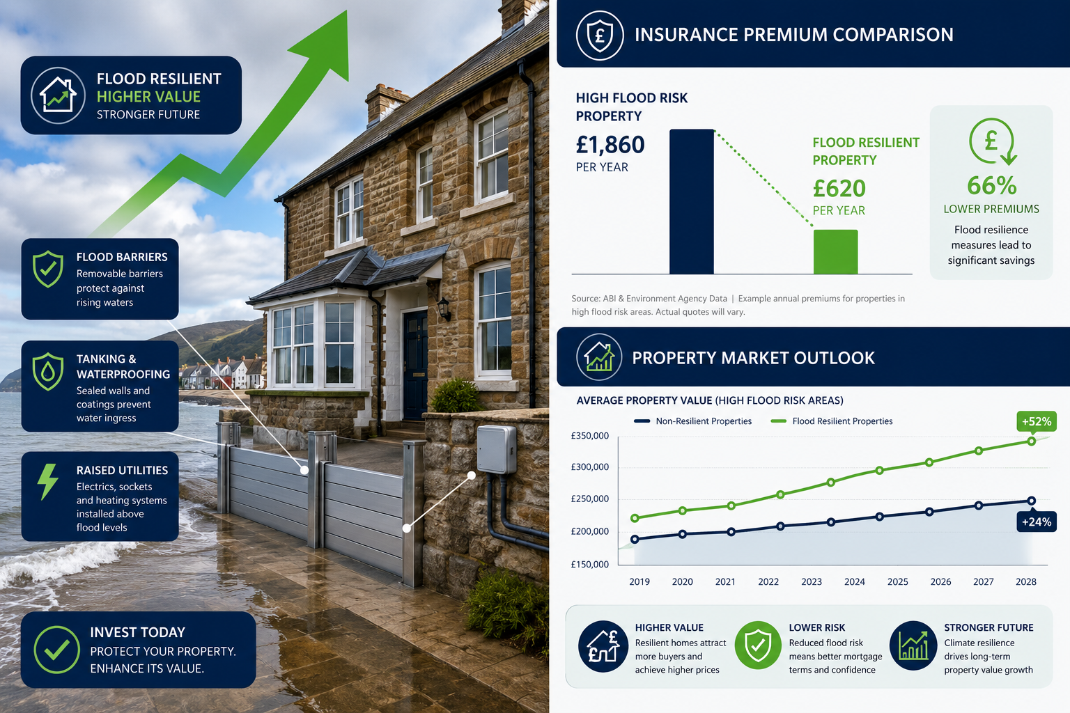 Split-scene landscape image: left side shows a coastal UK property with visible flood resilience measures including flood