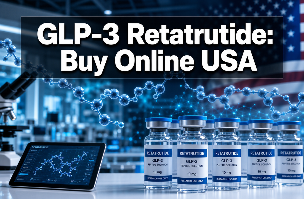 Professional () hero image with : 'GLP-3 Retatrutide: Buy Online USA' in extra large white with deep and semi-transparent