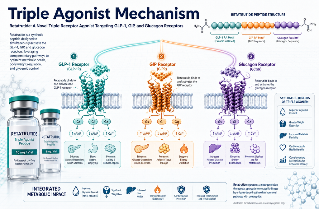 Detailed () scientific infographic illustration showing a triple-receptor agonist molecular diagram for Retatrutide
