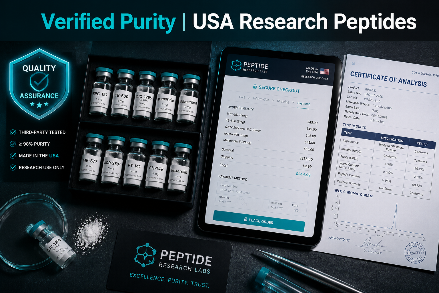 Detailed () showing an overhead flat-lay composition of peptide research supplies: labeled research vials, a digital tablet