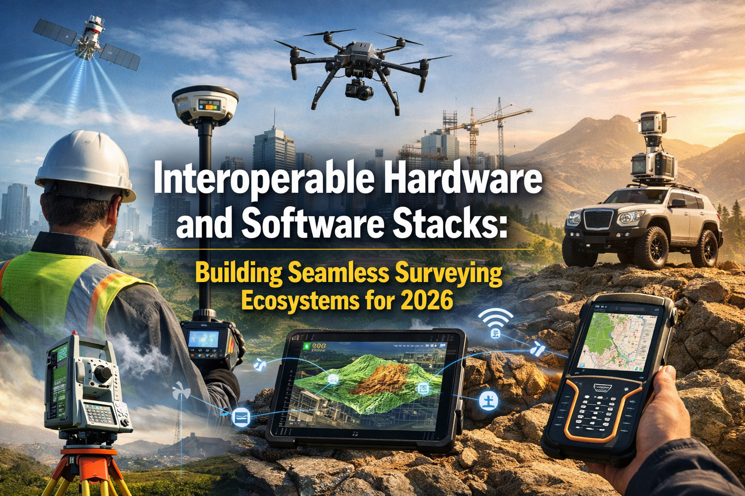 Professional landscape hero image (1536x1024) with bold text overlay: "Interoperable Hardware and Software Stacks: Building Seamless Surveyi