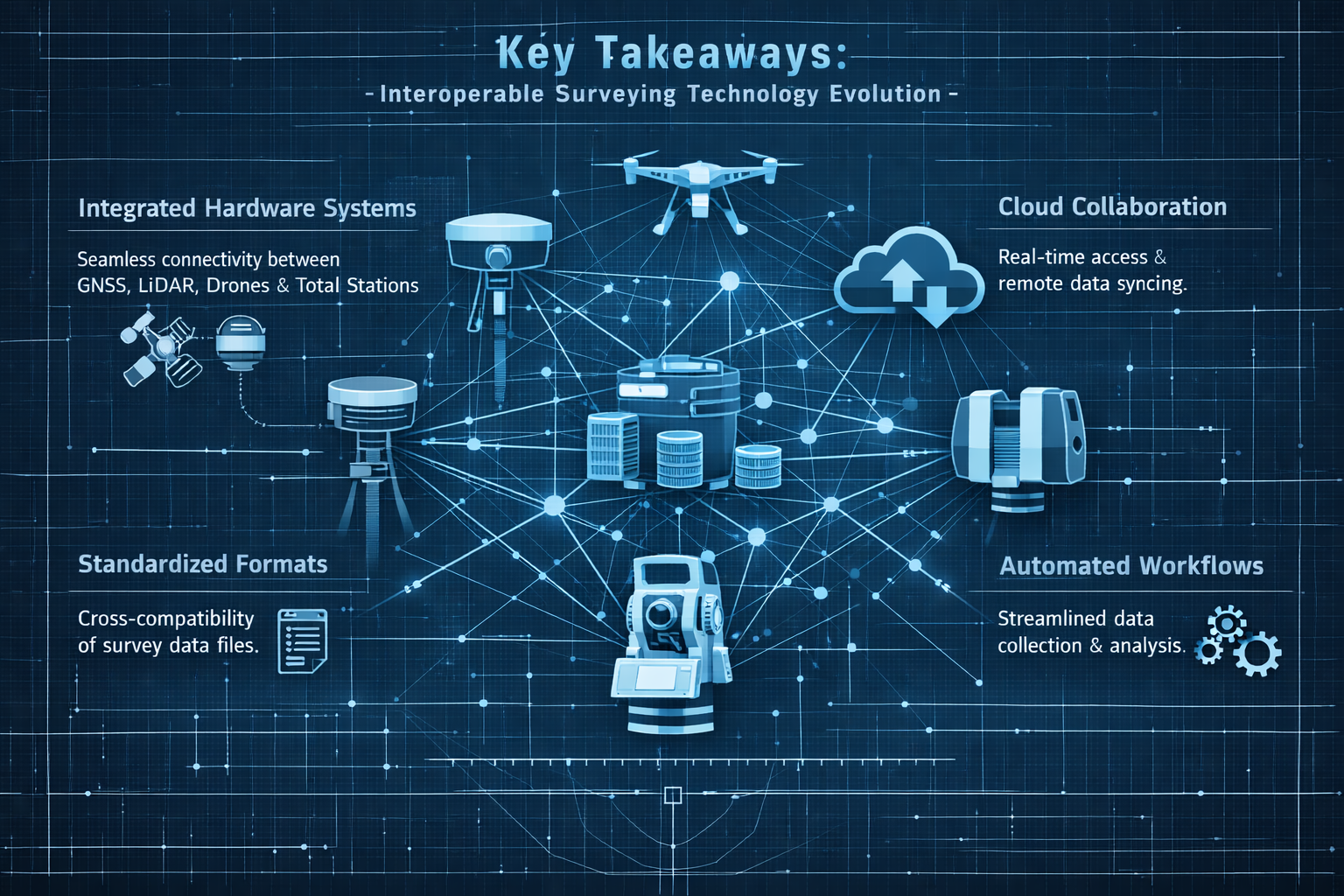Key Takeaways infographic visualizing interoperable surveying technology evolution, featuring abstract network diagram with interconnected h