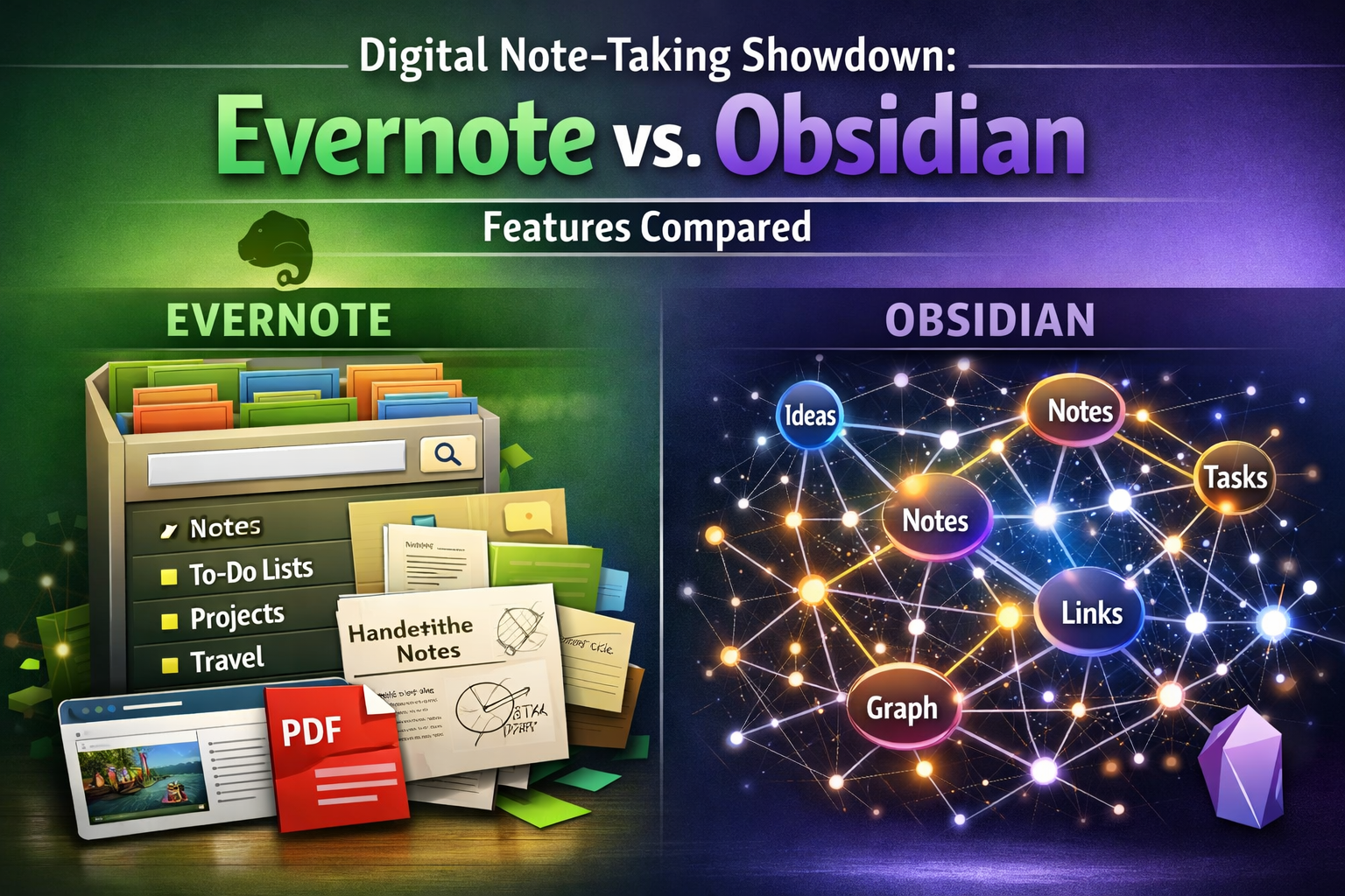 A visually engaging infographic comparing Evernote and Obsidian. On the left, a section for Evernote displays an organized digital filing ca