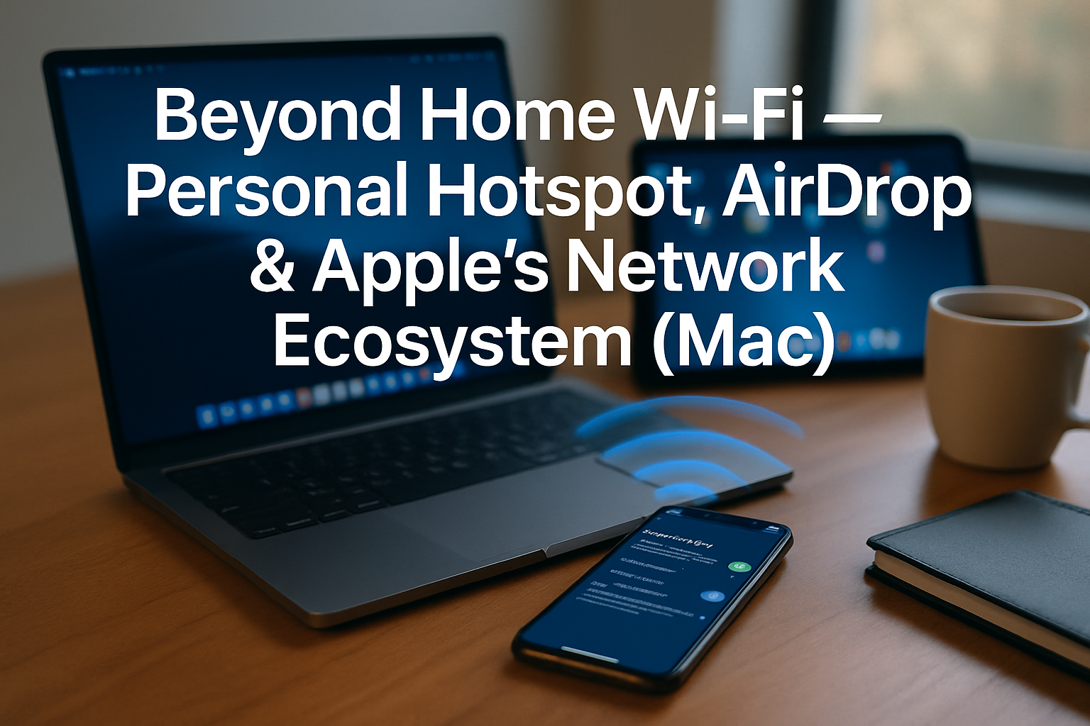 Professional landscape hero image (1536x1024) featuring bold text overlay 'Beyond Home Wi-Fi &mdash; Personal Hotspot, AirDrop & Apple's Network E
