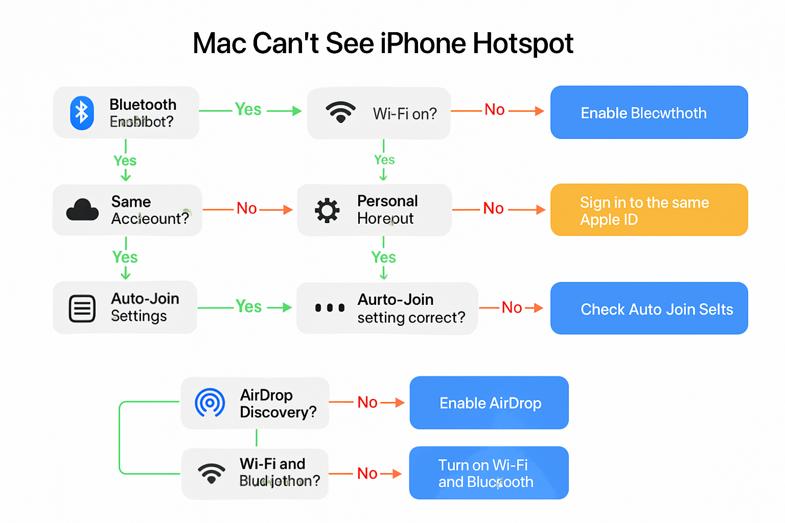 Comprehensive troubleshooting flowchart (1536x1024) in landscape format showing decision tree for fixing Personal Hotspot and AirDrop issues