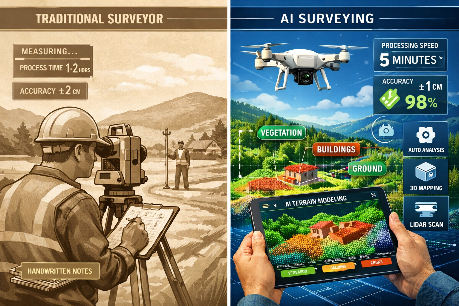 Detailed landscape format (1536x1024) image showing split-screen comparison of traditional surveying versus AI-powered surveying workflows. 