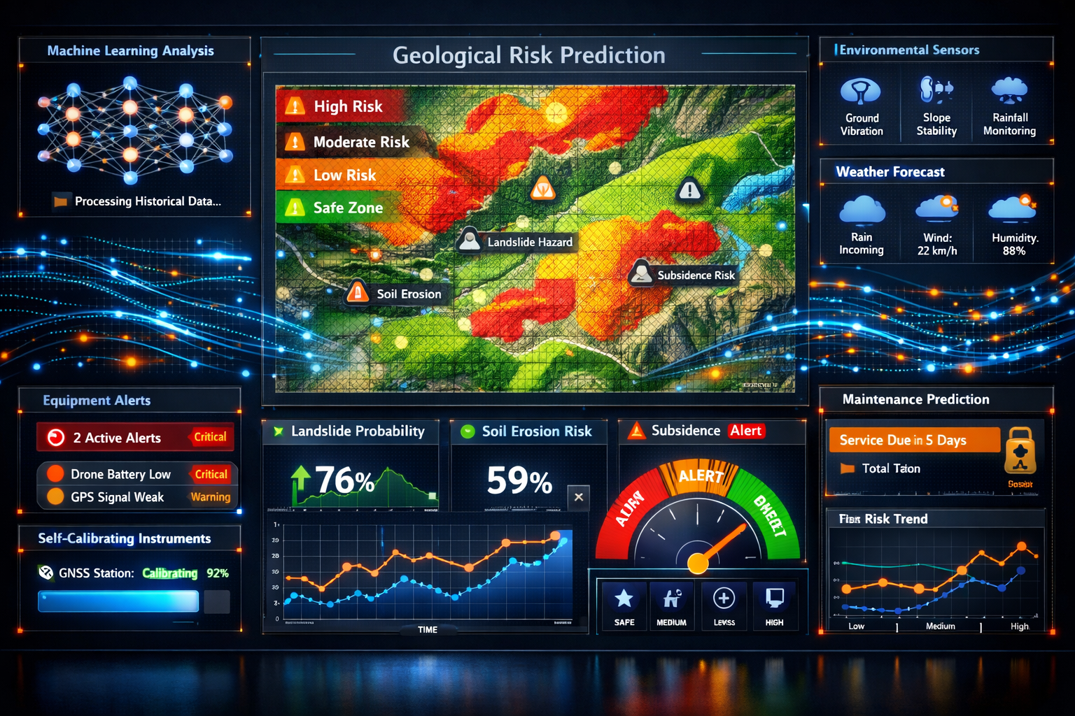 Detailed landscape format (1536x1024) visualization of predictive risk analysis dashboard for land surveying. Central focus on large digital