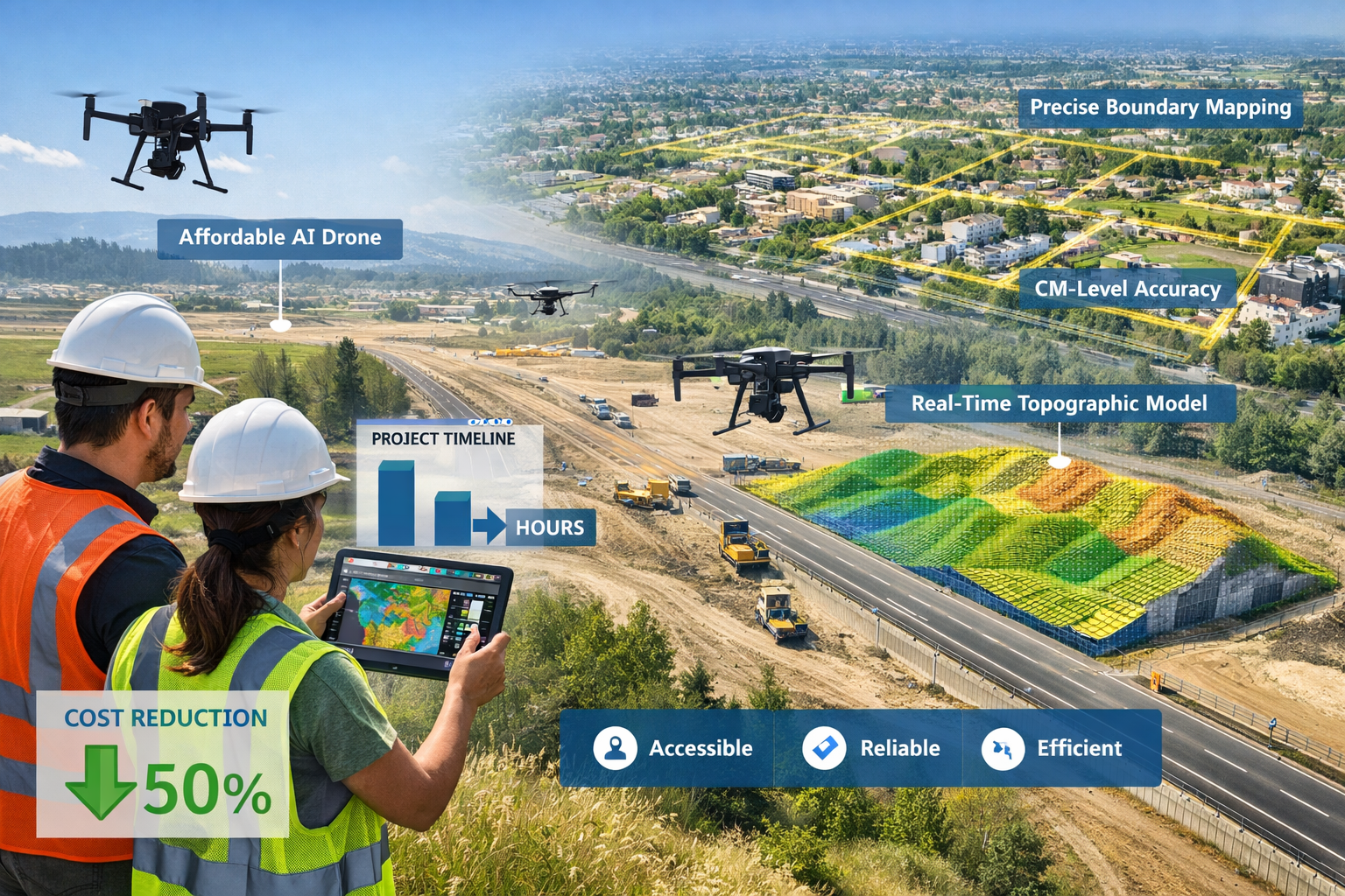 Detailed landscape format (1536x1024) image showcasing practical implementation of AI surveying technology across different project scales. 