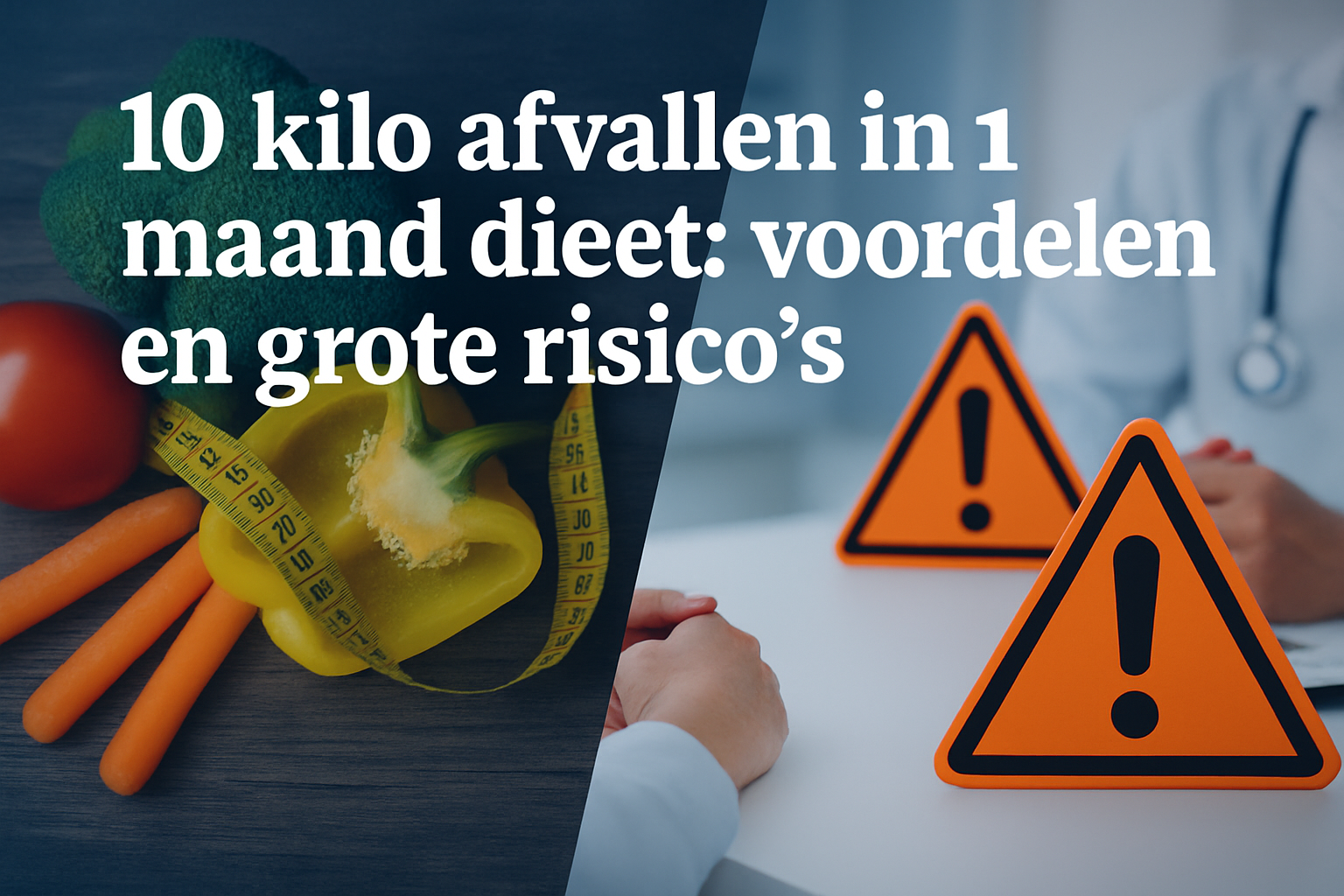 Professional landscape hero image (1536x1024) featuring bold text overlay '10 kilo afvallen in 1 maand dieet: voordelen en grote risico's' i