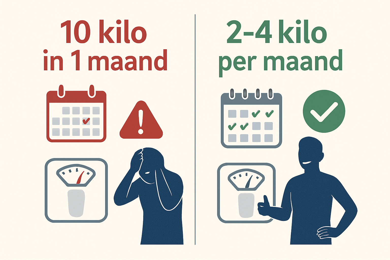 Detailed infographic showing realistic weight loss timeline comparison - left panel displays '10 kilo in 1 maand' with red warning indicator