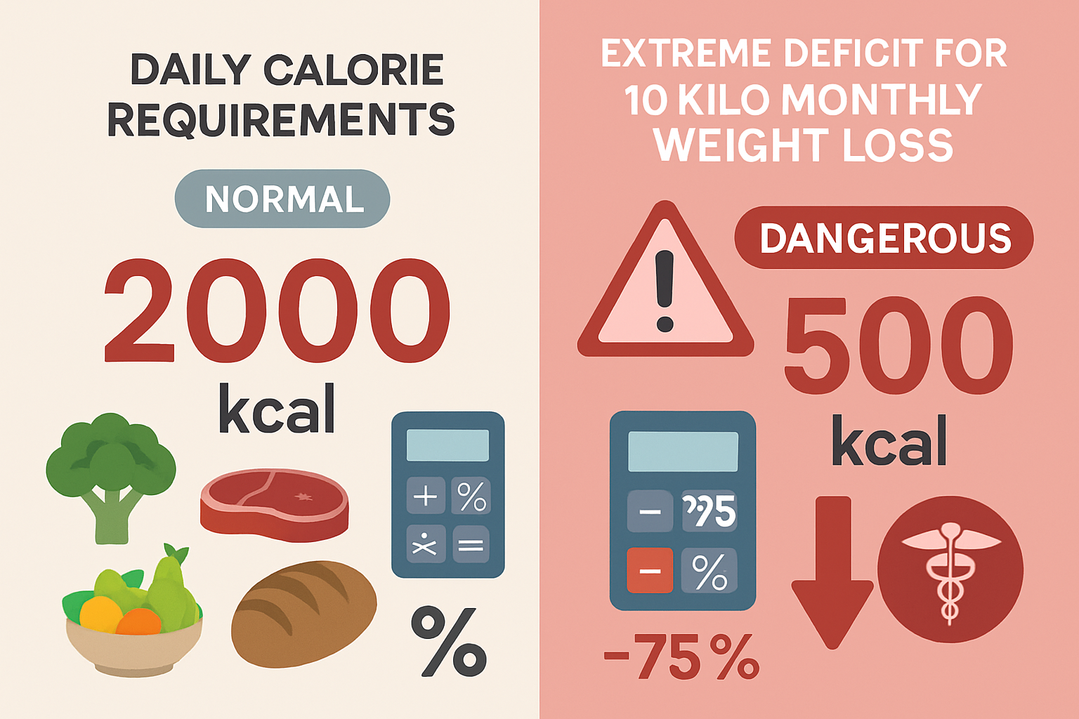 Split-screen comparison chart showing daily calorie requirements versus extreme deficit needed for 10 kilo monthly weight loss. Left side di