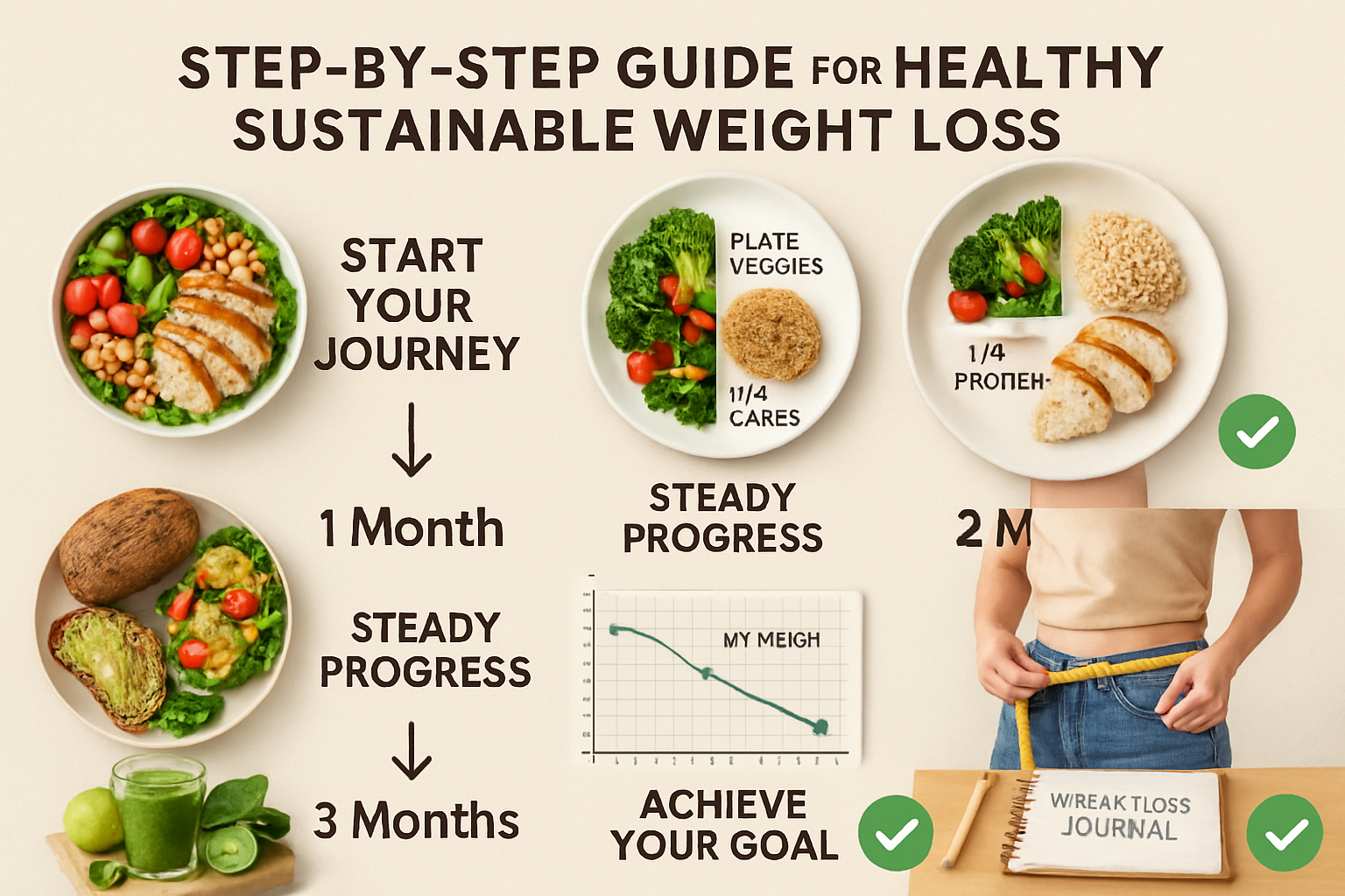 Step-by-step visual guide for healthy sustainable weight loss - timeline showing 3-month progression with weekly milestones, healthy meal ex