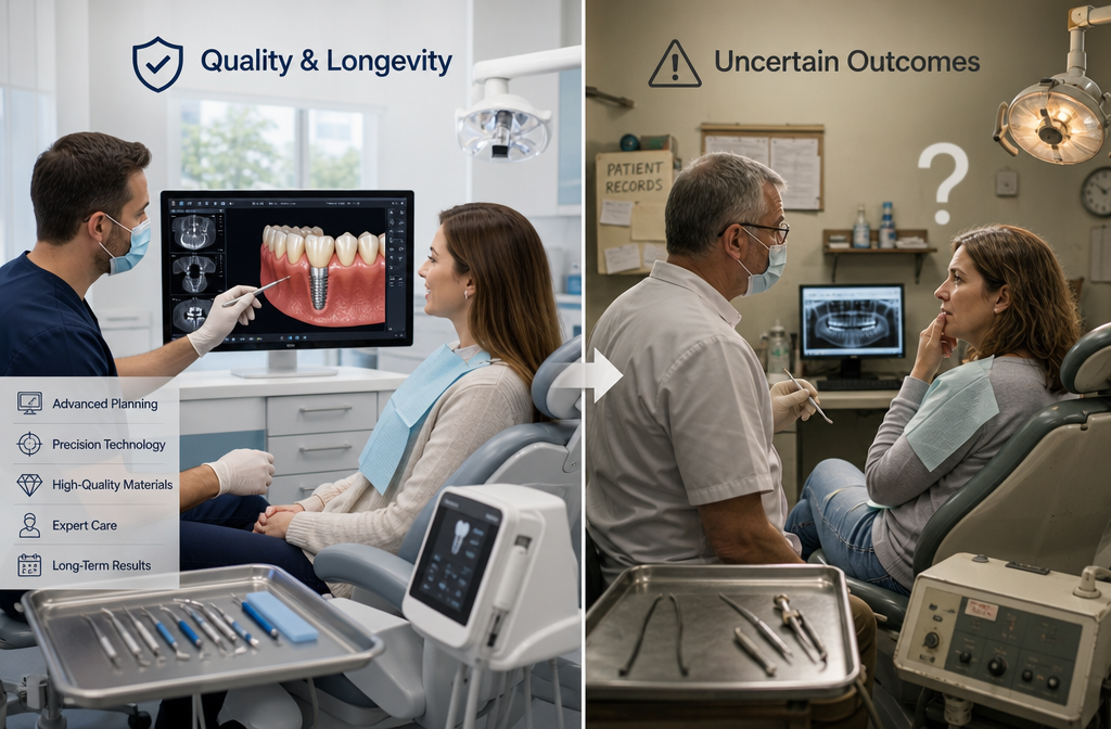 A split-screen visual in () contrasting a 'high-quality, ethical' dental implant procedure with a 'low-cost, potentially