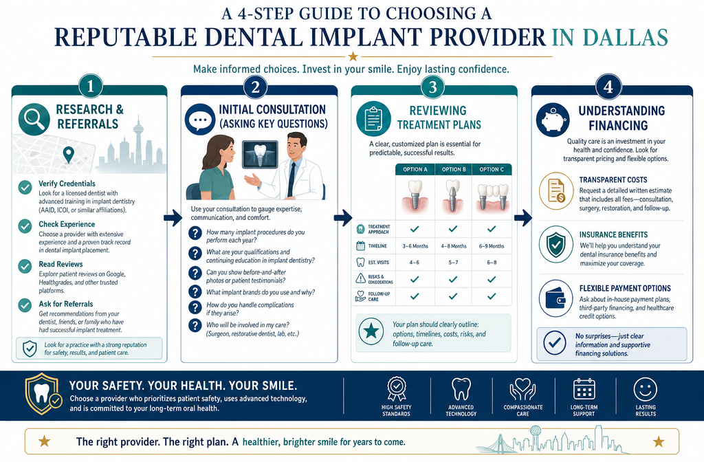 A multi-panel graphic or flow chart in () depicting the structured process for finding a reputable dental implant provider