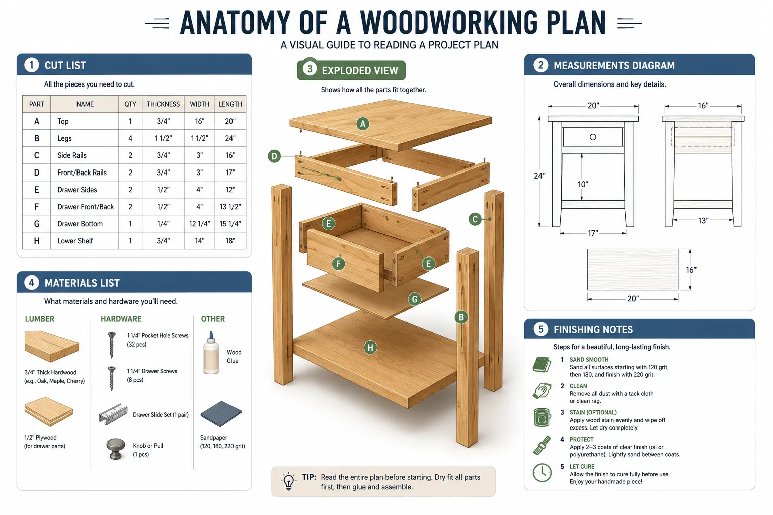 An infographic-style visual guide showing the anatomy of a woodworking plan: cut list, measurements diagram, exploded parts