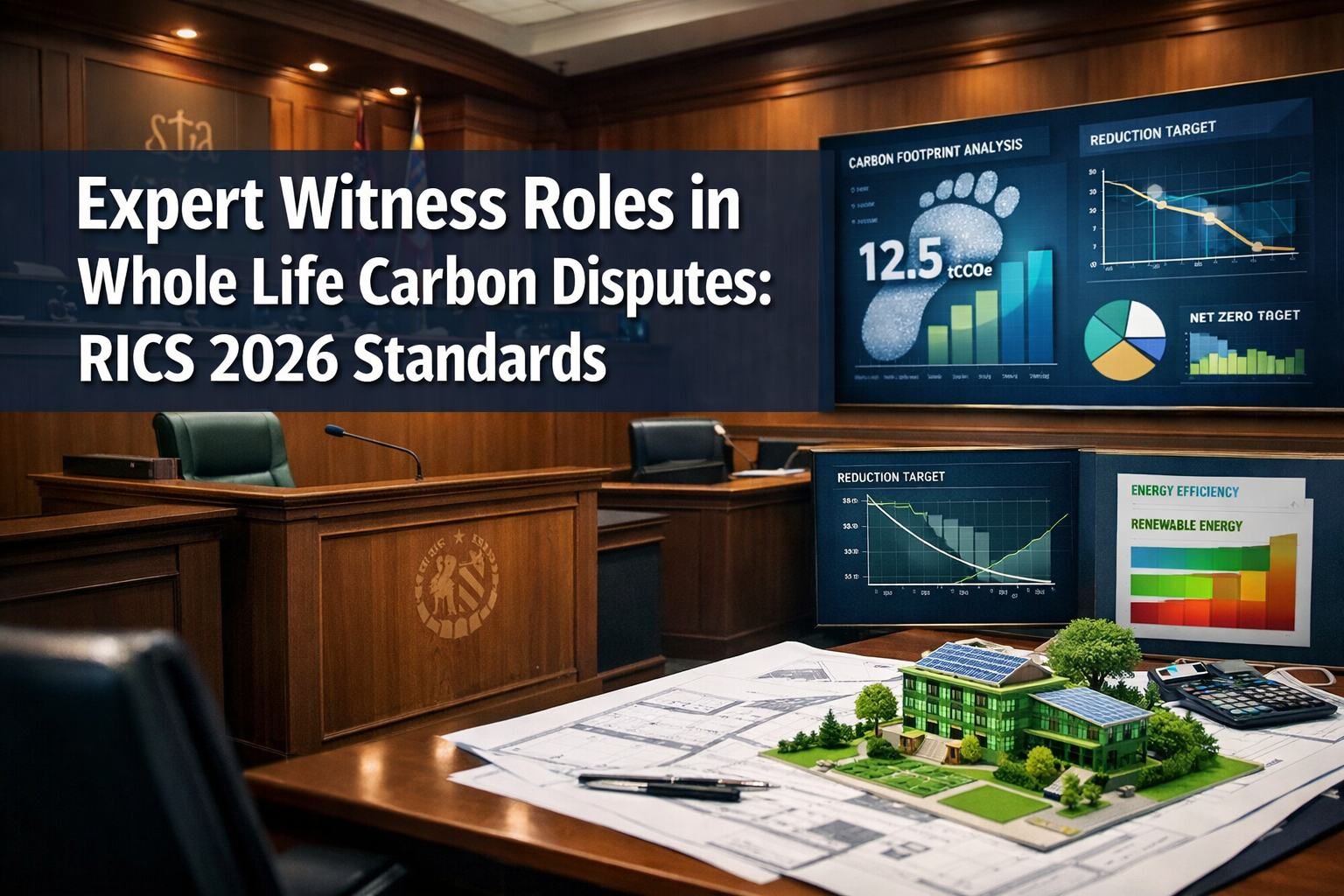 Professional () hero image with 'Expert Witness Roles in Whole Life Carbon Disputes: RICS 2026 Standards' in extra large