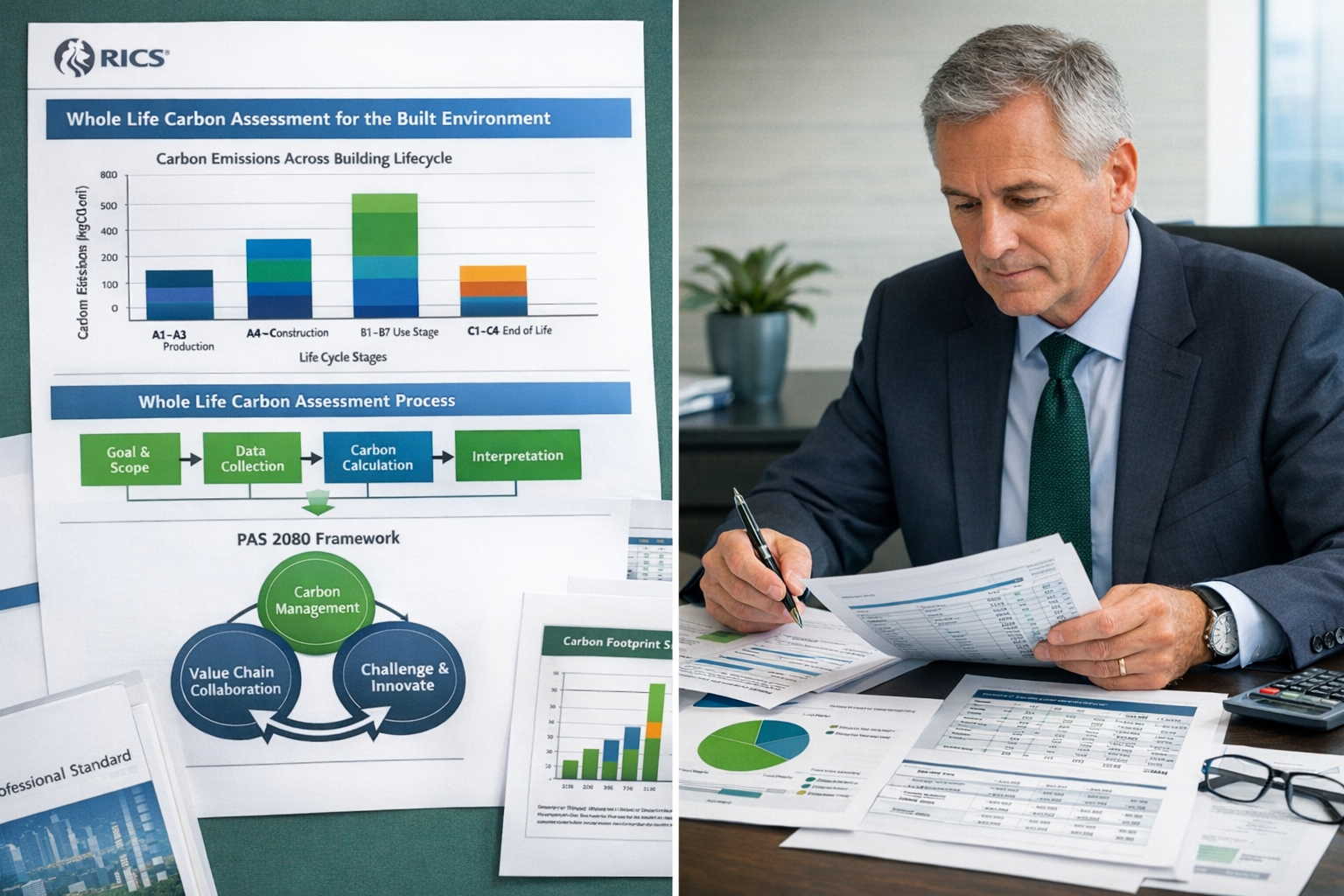 Detailed () image showing split-screen composition: left side displays RICS professional standards document with whole life