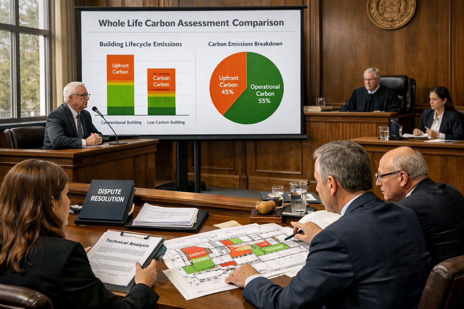 () detailed courtroom scene showing expert witness testimony setup with large presentation screen displaying whole life