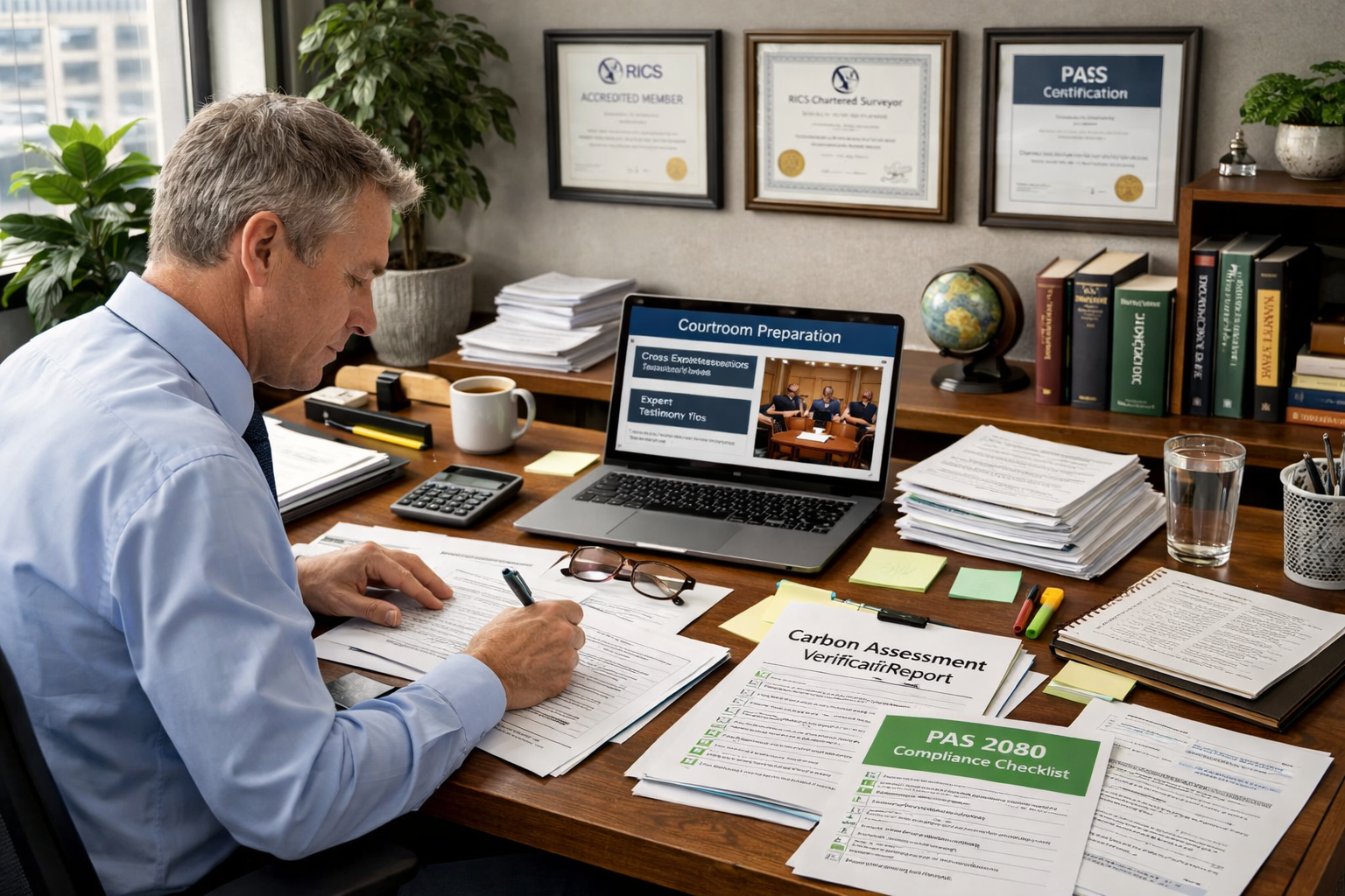 Detailed () image of professional training environment showing RICS-accredited expert preparing litigation report, desk