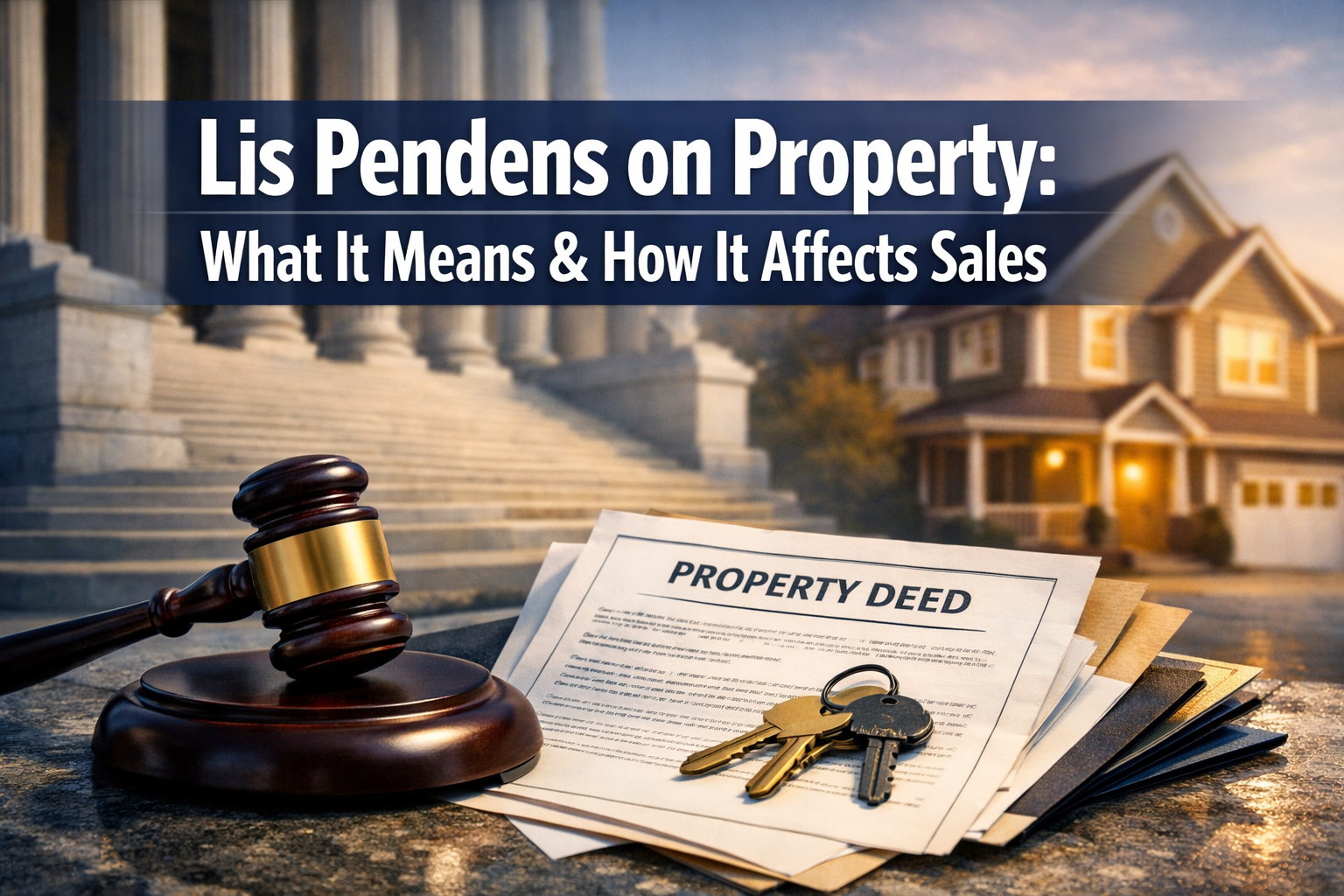 Professional landscape hero image (1536x1024) featuring bold text overlay 'Lis Pendens on Property: What It Means & How It Affects Sales' in