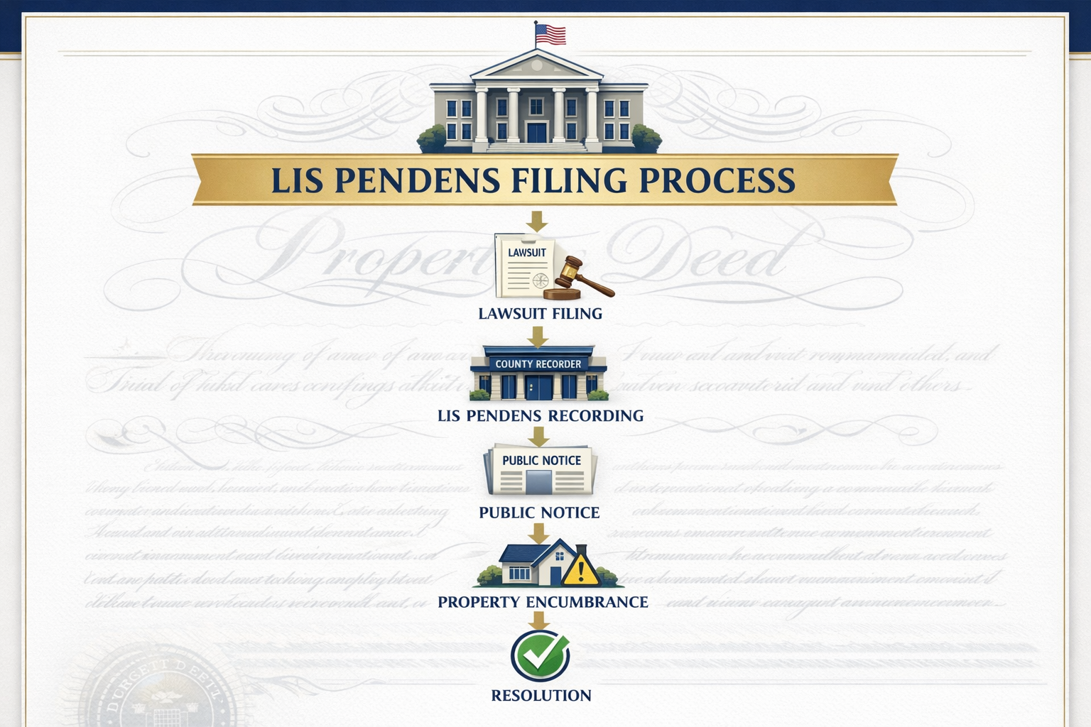 Detailed landscape infographic (1536x1024) showing flowchart of lis pendens filing process with courthouse building icon at top, arrows flow