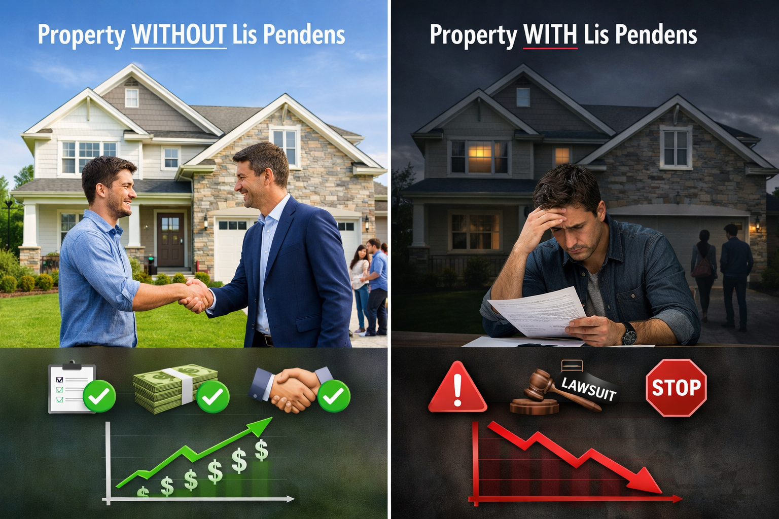 Split-screen comparison landscape image (1536x1024) showing two scenarios: left side depicts 'Property WITHOUT Lis Pendens' with bright, cle
