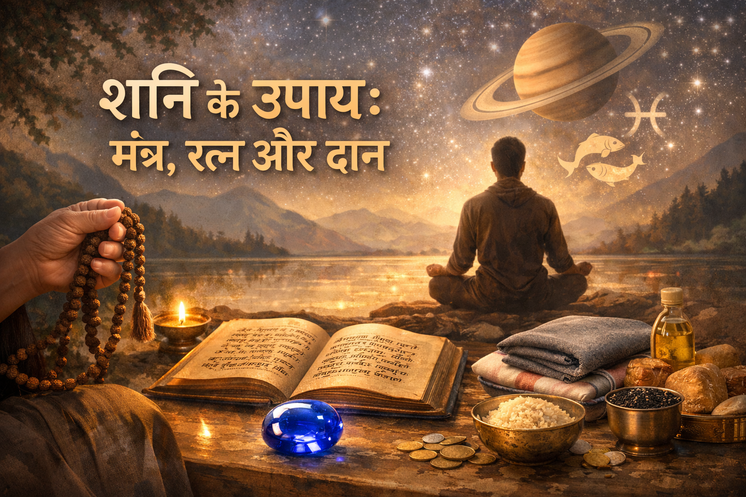 Landscape format (1536x1024) image depicting various Vedic remedies for career stagnation and financial blockages under the influence of Sat
