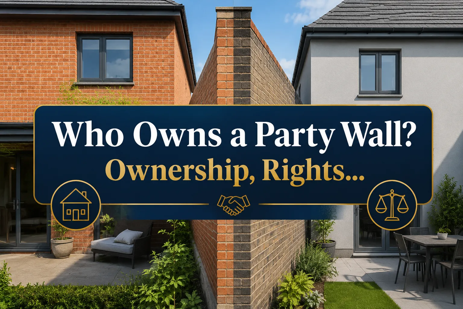 A reading "Who Owns a Party Wall? Ownership, Rights…". CRITICAL TYPOGRAPHY RULES: render the text on 1–2 lines, centered,