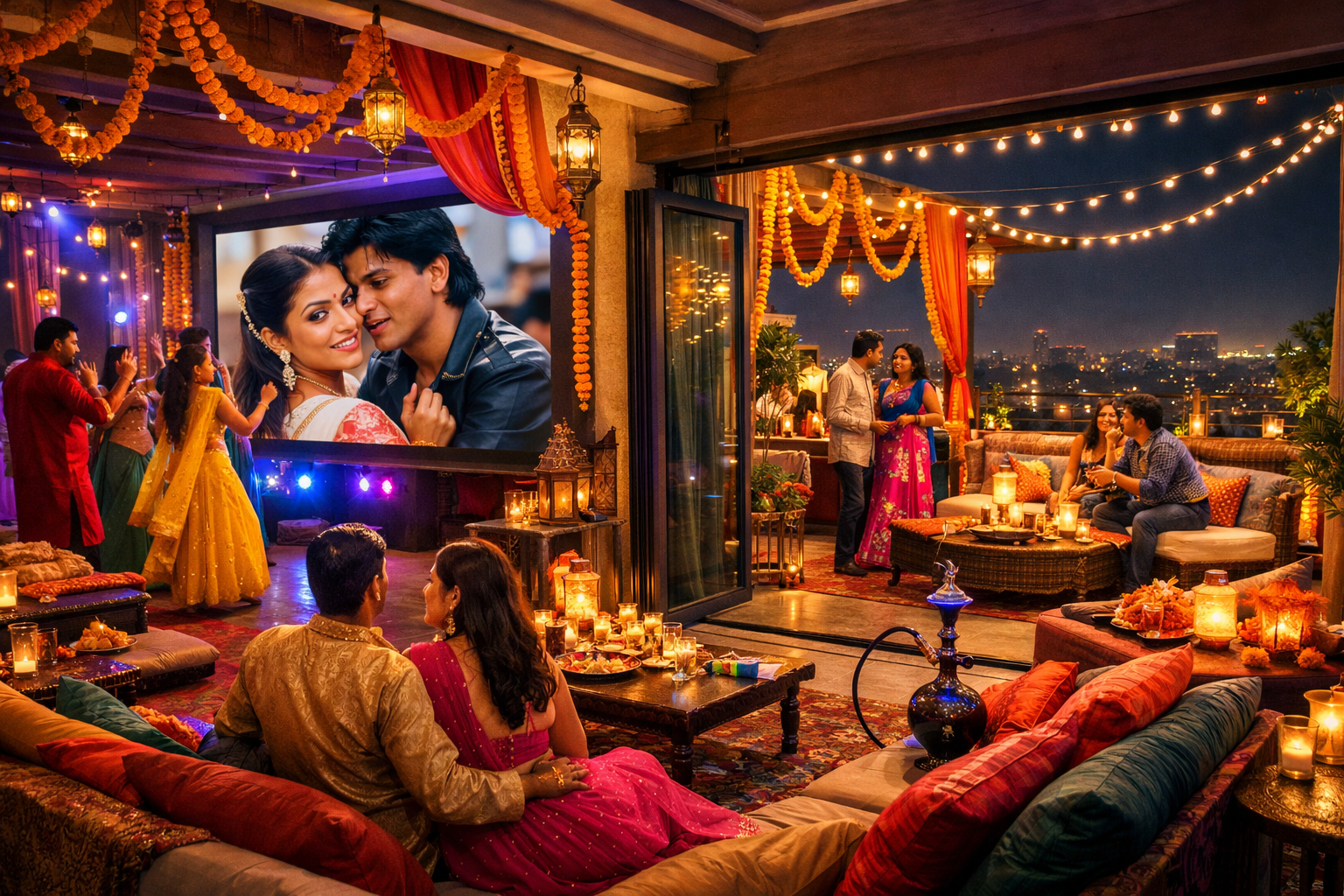 Detailed () image prompt showcasing a luxurious, fully private Airbnb floor in Gurgaon transformed for a lively