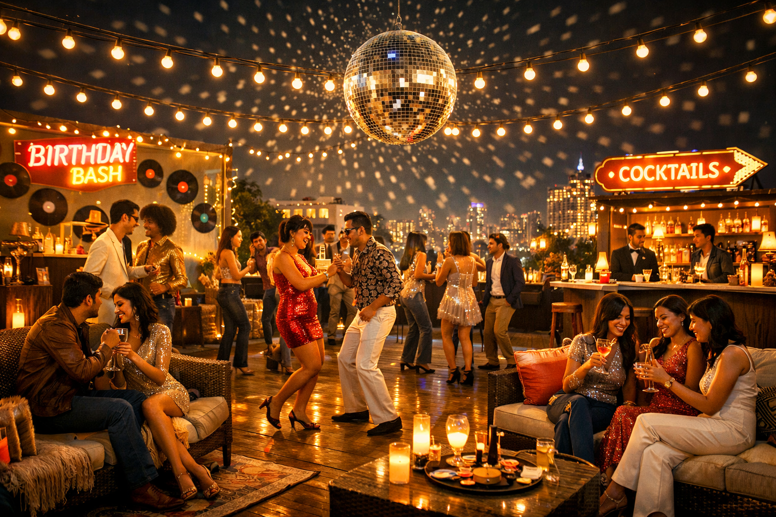 Detailed () image prompt depicting an elegant retro gala themed birthday party hosted on a private rooftop terrace of a