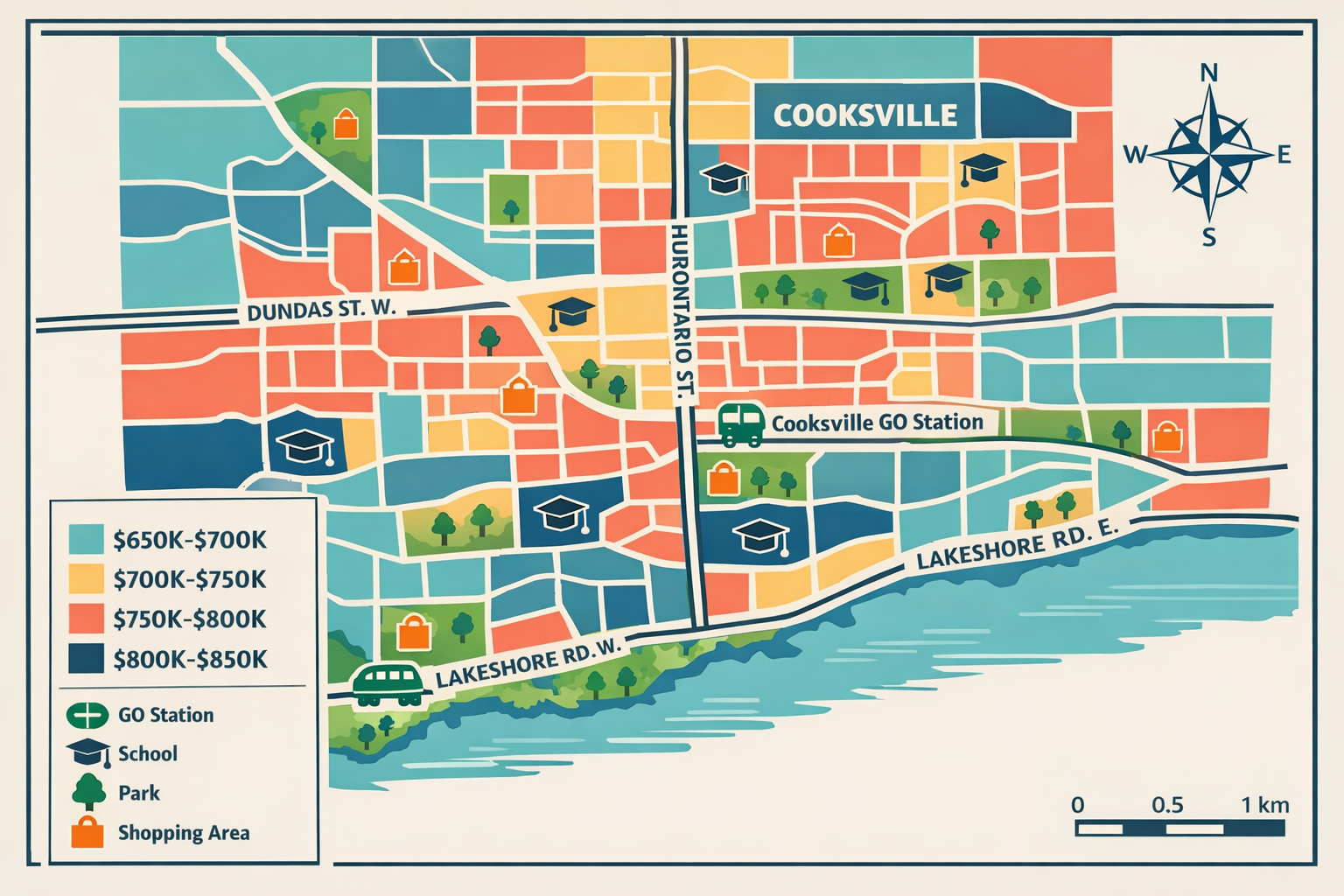 Landscape format (1536x1024) detailed neighborhood map illustration of Cooksville and Clarkson areas in Mississauga showing major streets li