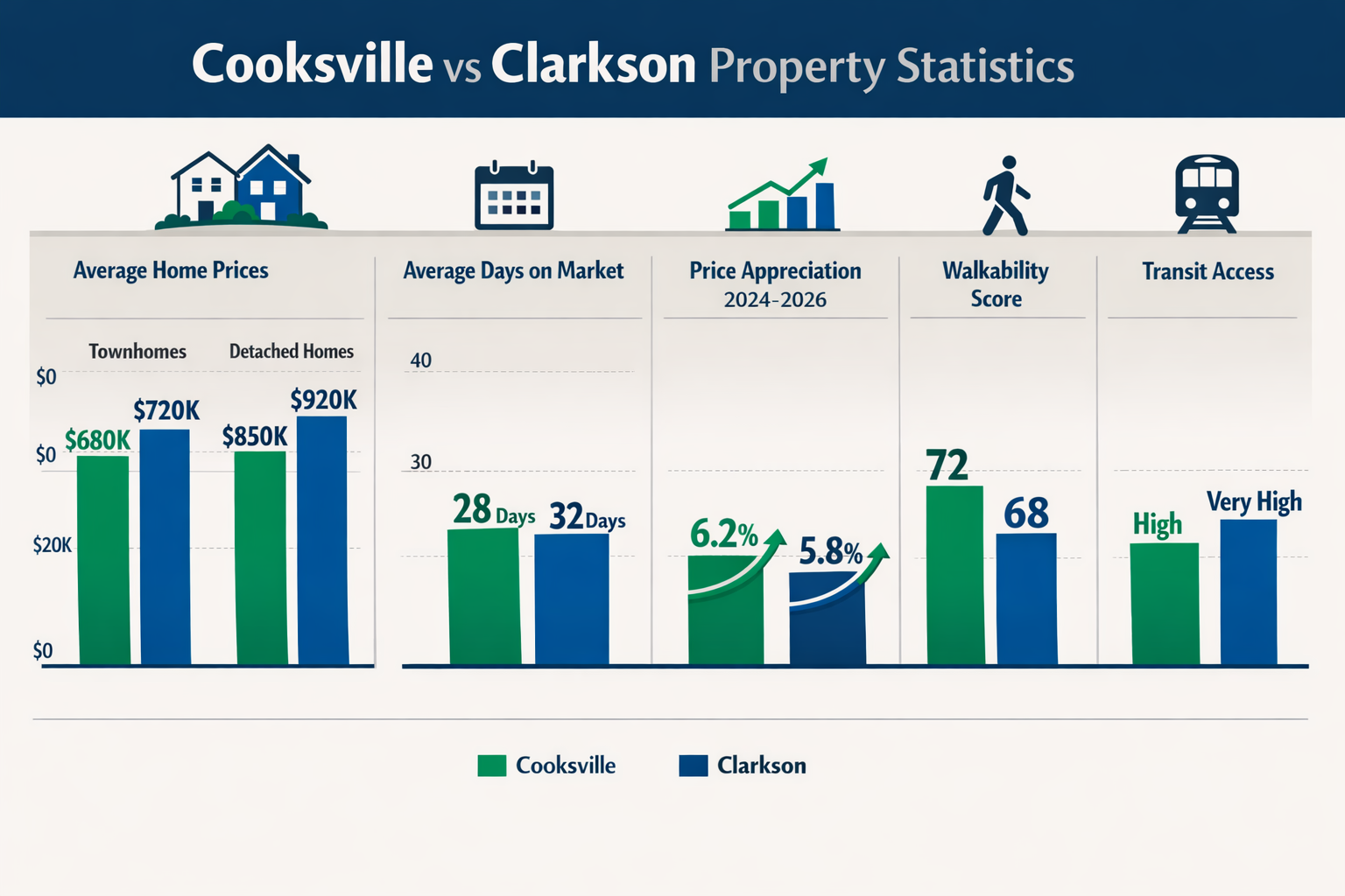 Landscape format (1536x1024) comparative bar chart visualization showing Cooksville vs Clarkson property statistics: average home prices (to