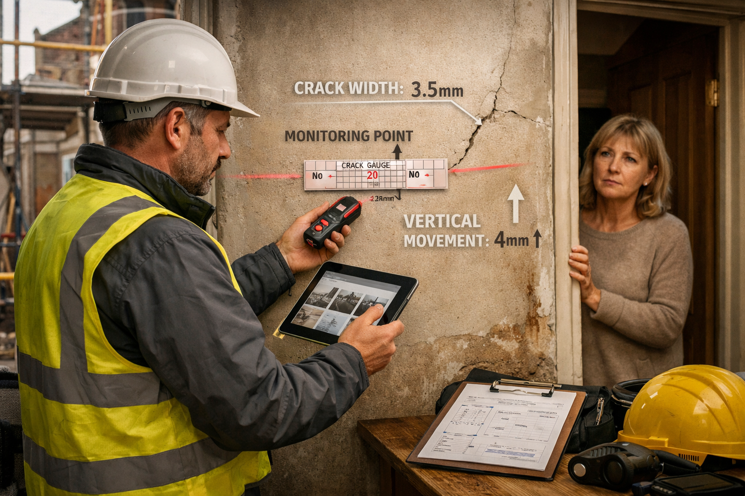 Detailed () image showing professional party wall surveyor conducting detailed property inspection between two adjoining