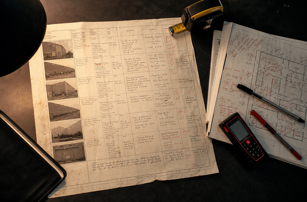 Close overhead aerial view of a large printed dilapidations schedule spread across a desk beside a tape measure, laser