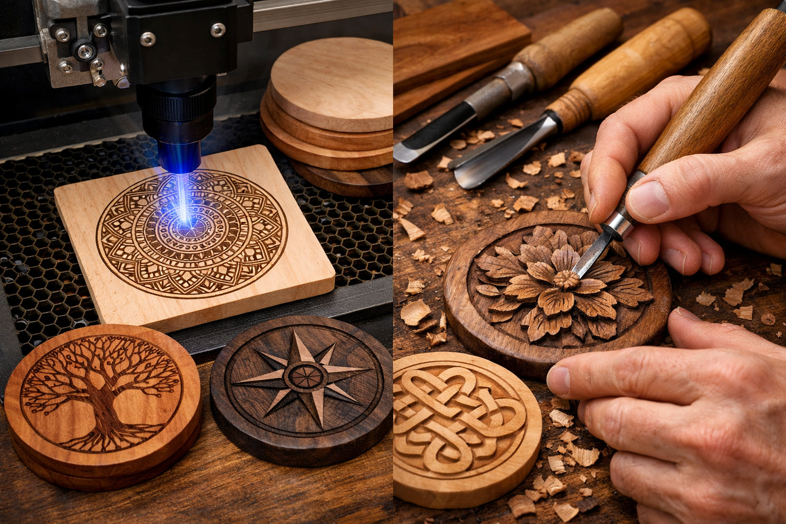 Detailed landscape format (1536x1024) image showing a side-by-side comparison of laser-engraved and hand-carved wooden coasters. On one side