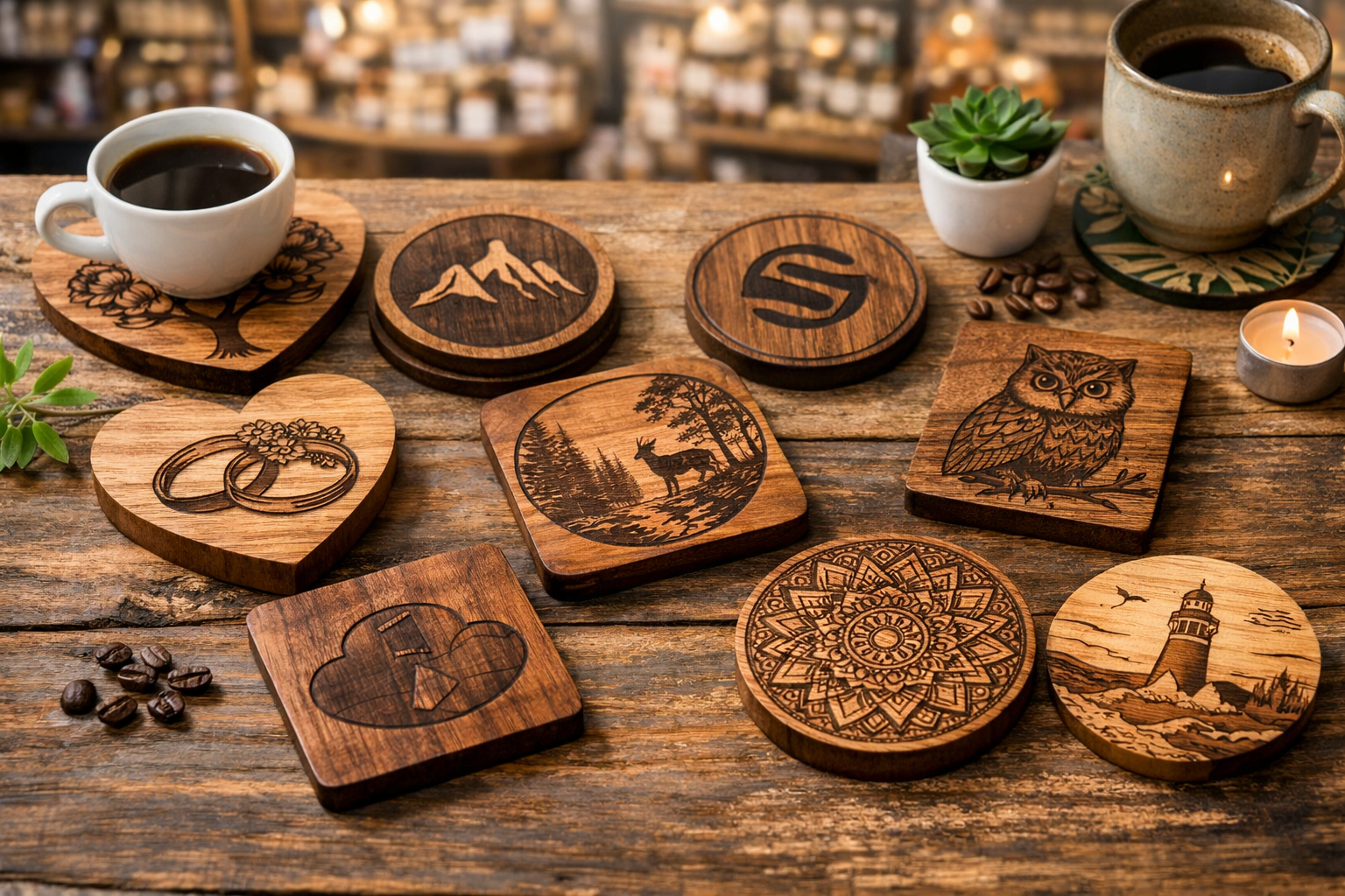 Detailed landscape format (1536x1024) image showcasing a diverse array of custom-designed engraved wooden coasters, suitable for various pro