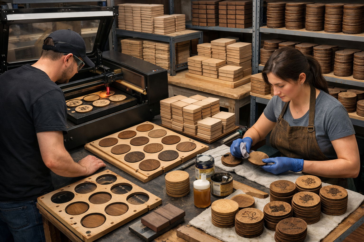 Detailed landscape format (1536x1024) image illustrating an efficient workshop setup for producing engraved wooden coasters in bulk. A worke