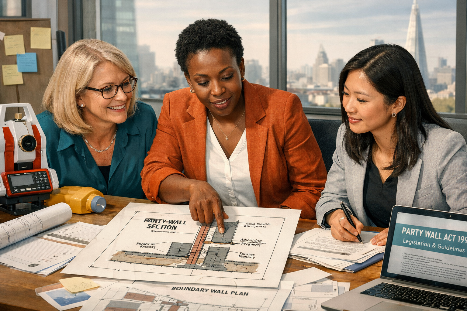 () concept illustration showing a diverse group of three professional women surveyors gathered around a table reviewing