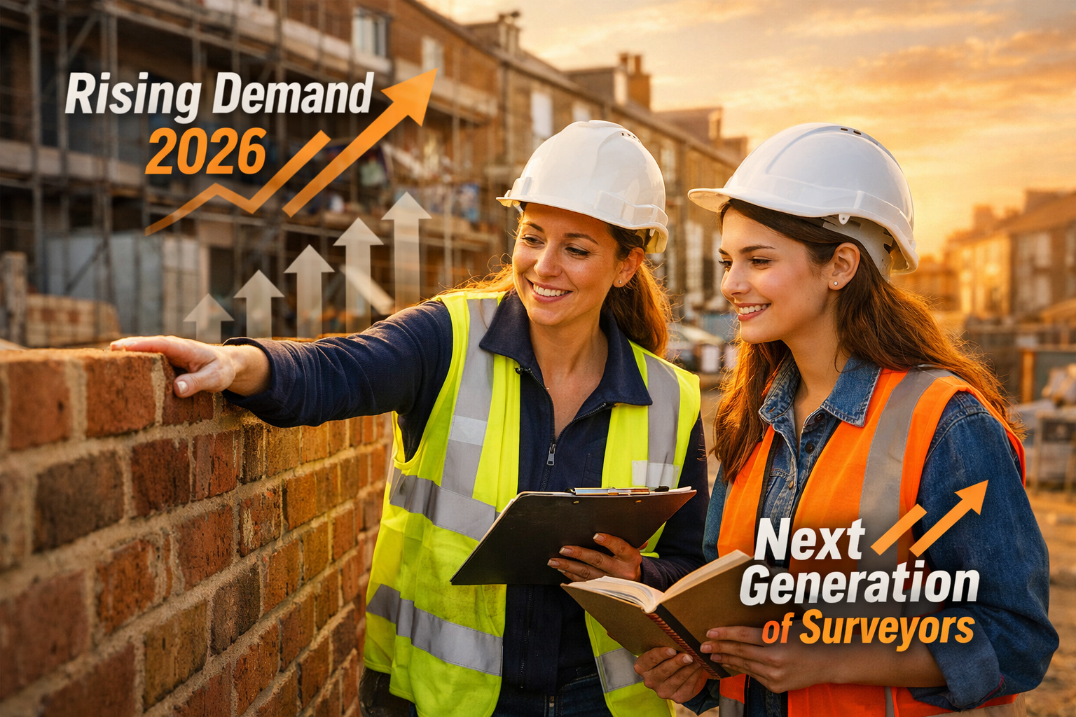 () forward-looking scene depicting a young female party wall surveyor mentoring a female university student on a residential
