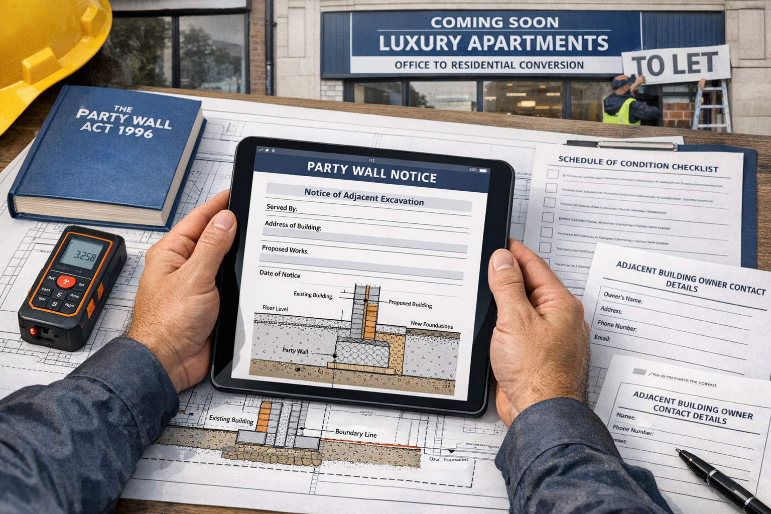 Detailed landscape format (1536x1024) image showing close-up of party wall documentation process for office-to-residential conversion. Centr