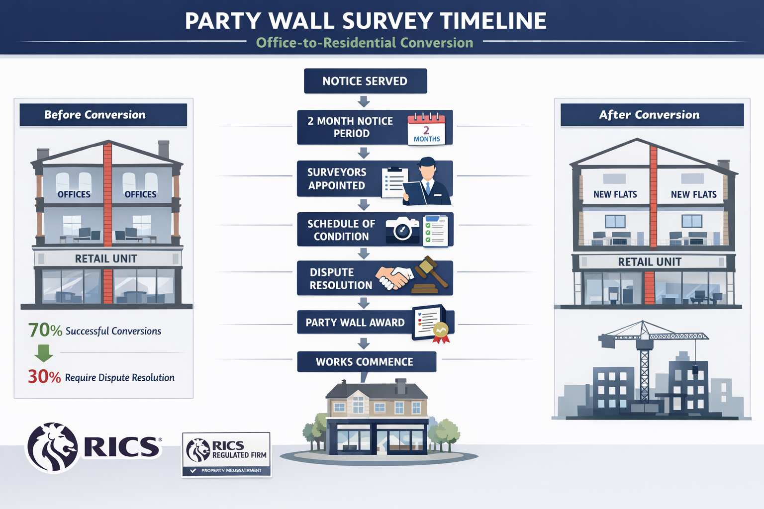 Detailed landscape format (1536x1024) infographic-style image illustrating party wall survey timeline and process flow for office-to-resi co