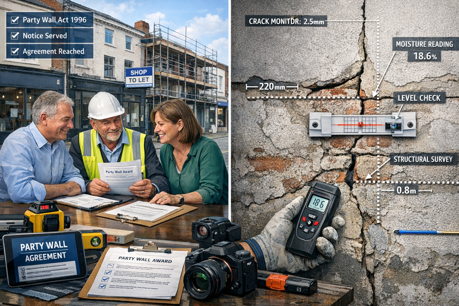 Detailed landscape format (1536x1024) image depicting practical party wall dispute resolution scenario in high street conversion context. Sp