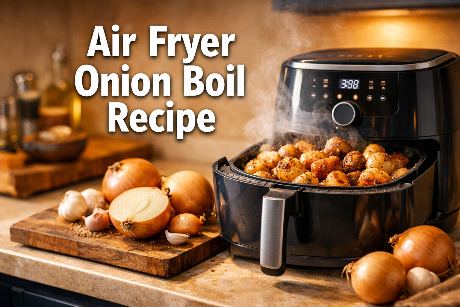 Professional landscape hero image (1536x1024) featuring bold text overlay 'Air Fryer Onion Boil Recipe' in extra large 70pt white sans-serif
