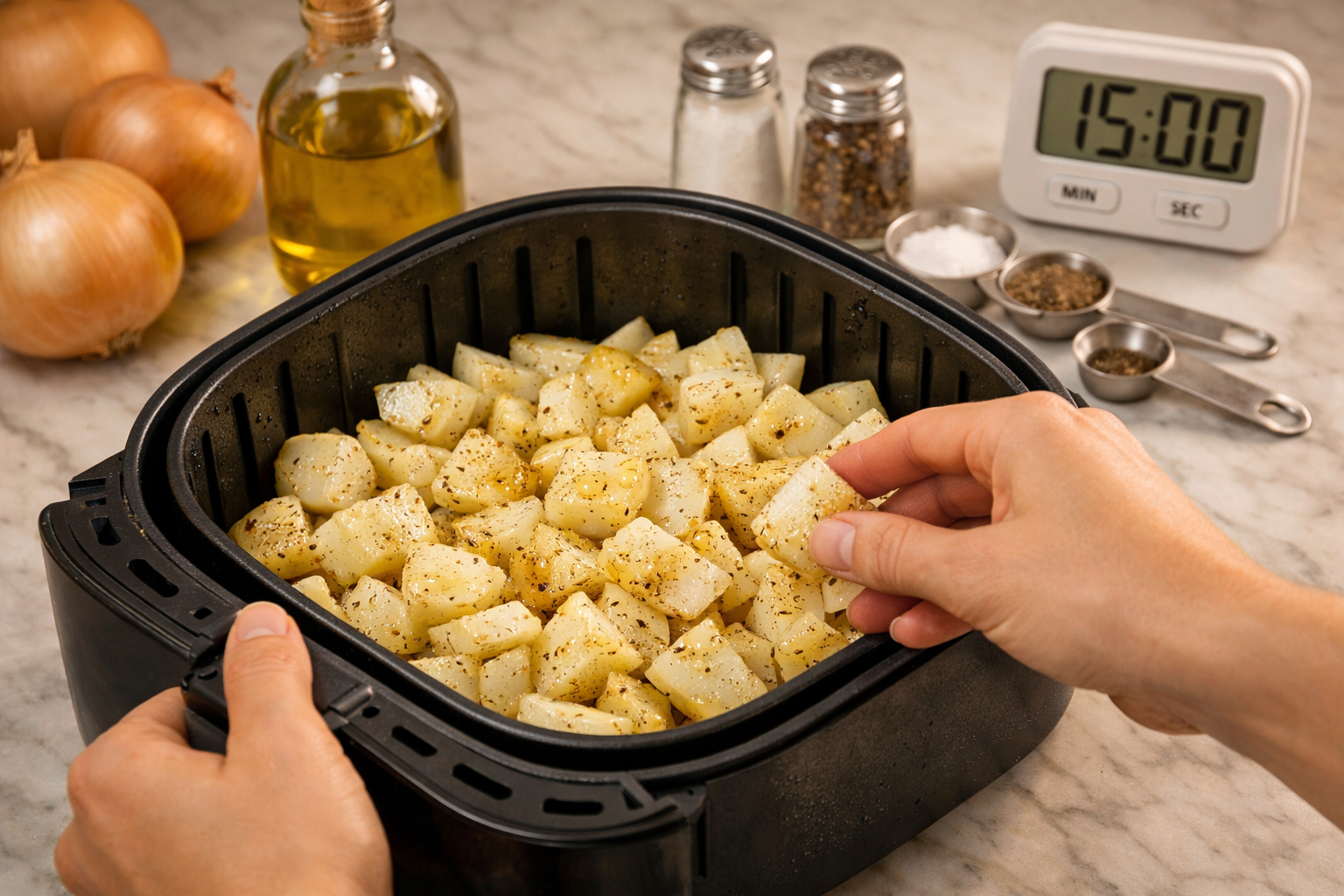 Detailed step-by-step cooking process showing hands placing seasoned onion pieces into black air fryer basket, with ingredients laid out on 